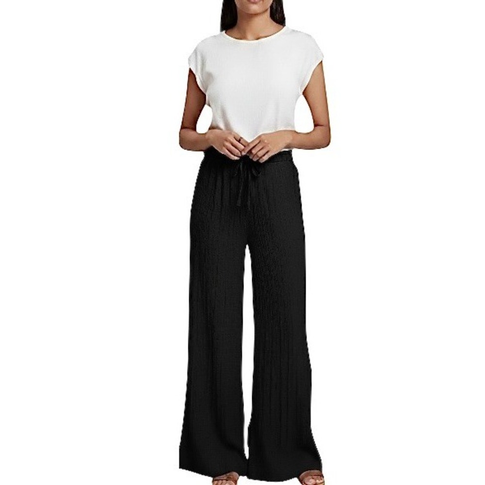 Women's Crinkle Wide Leg Slacks XXL Lightweight Summer Black NEW